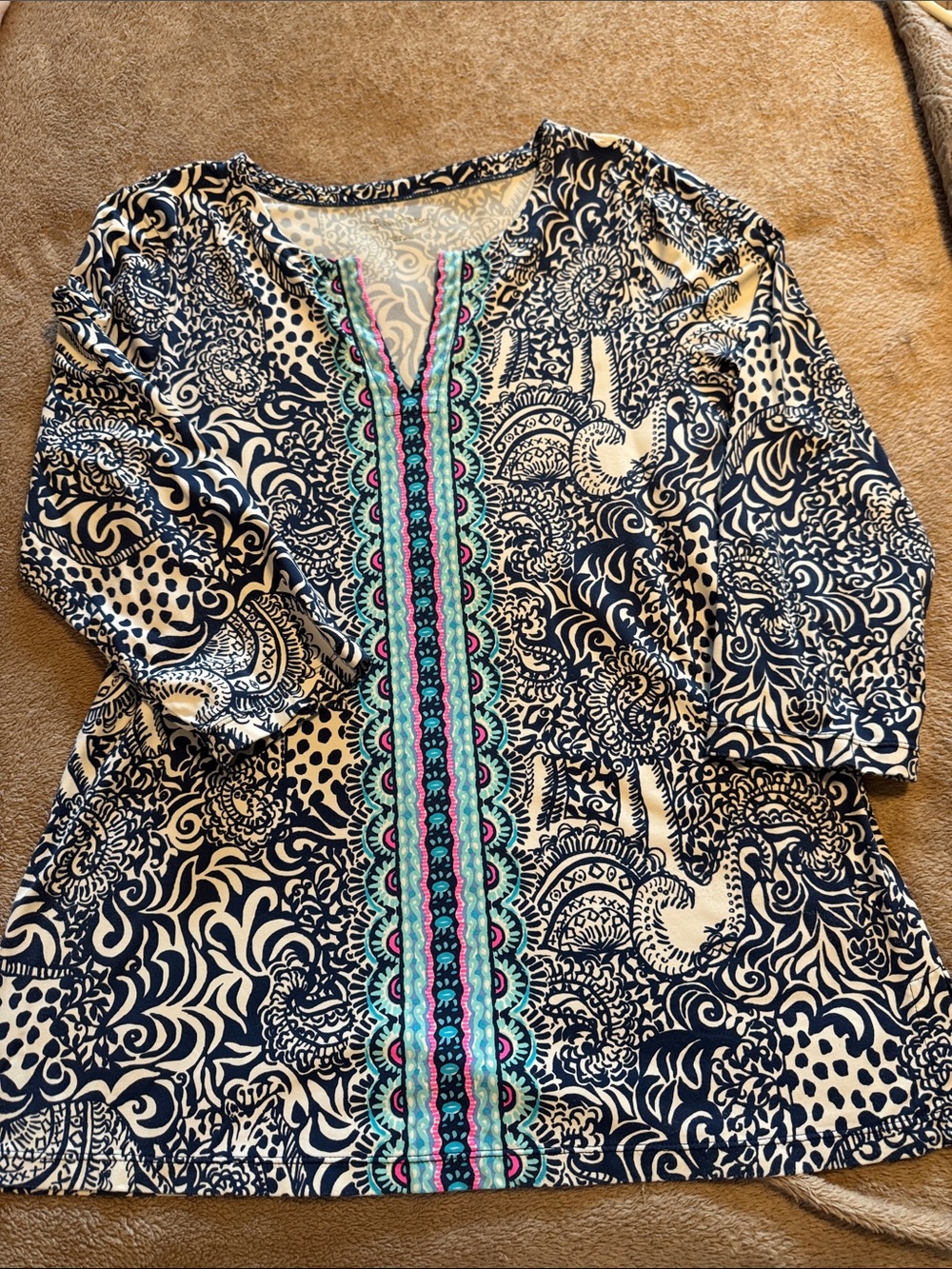 Lilly Pulitzer Navy & White Printed Tunic with Turquoise and Pink Trim